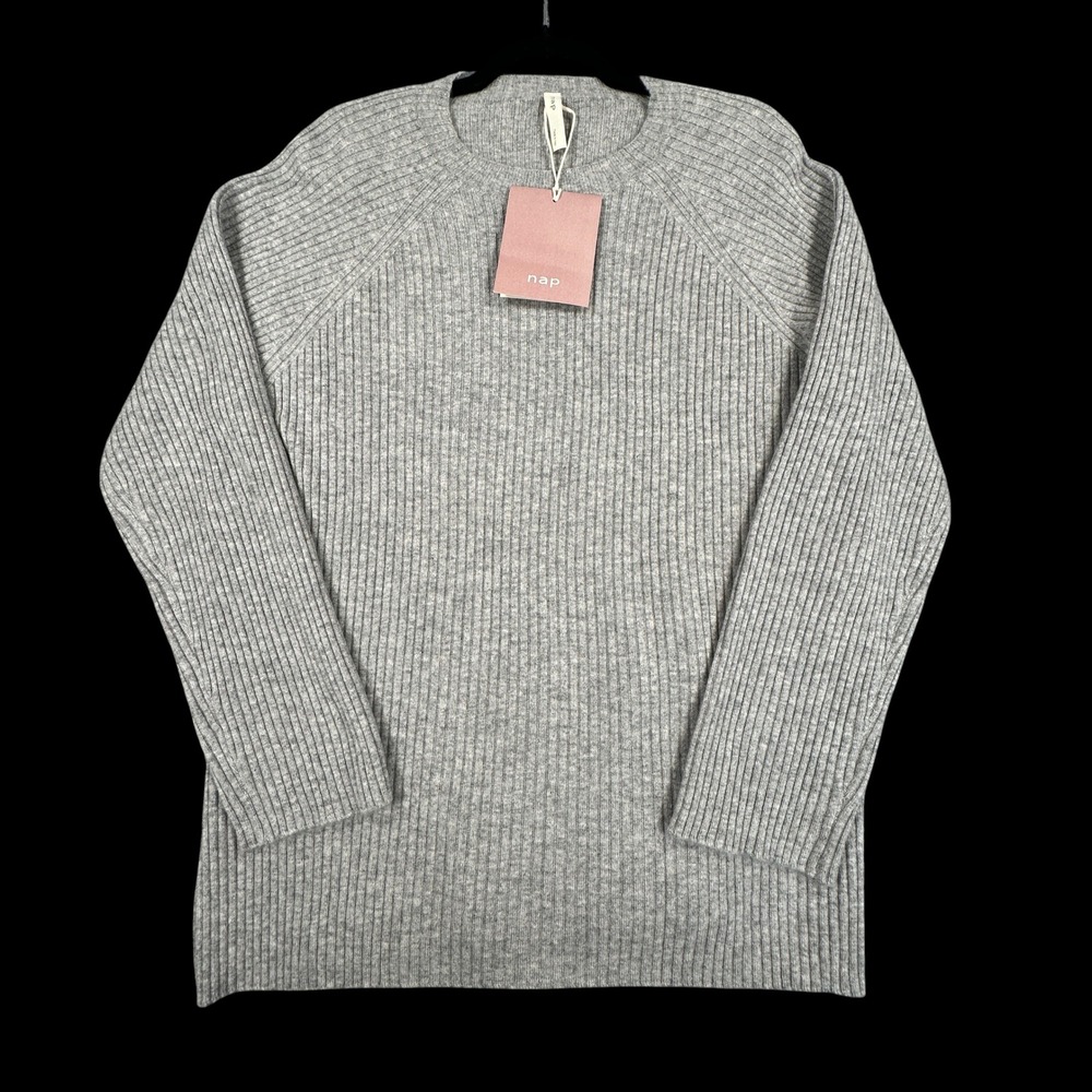 NAP Loungewear Cashmere Sweater Womens L Gray Ribbed Knit Raglan Crew Neck NEW
